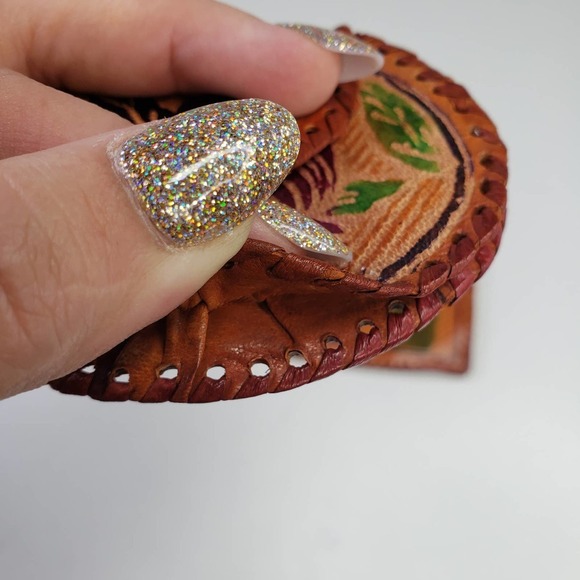 Leather Embossed Tooled Clutch Coin Purse 2pc Set Brown Tan Handmade Boho - Picture 7 of 9